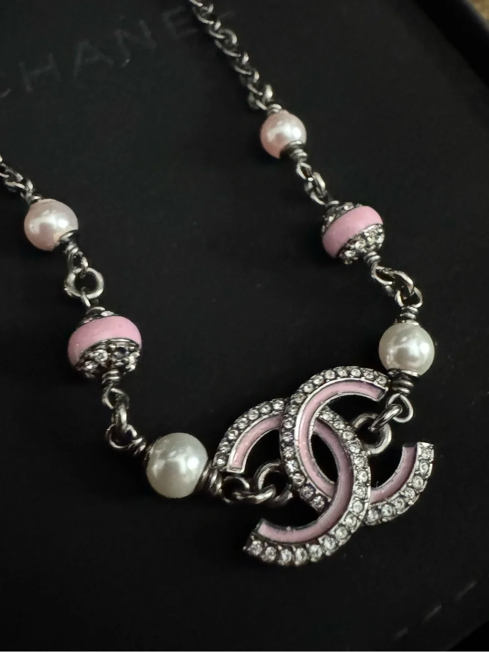 CHANEL 2025 Crystal CC Pink Pearl Gun Metal Choker Necklace